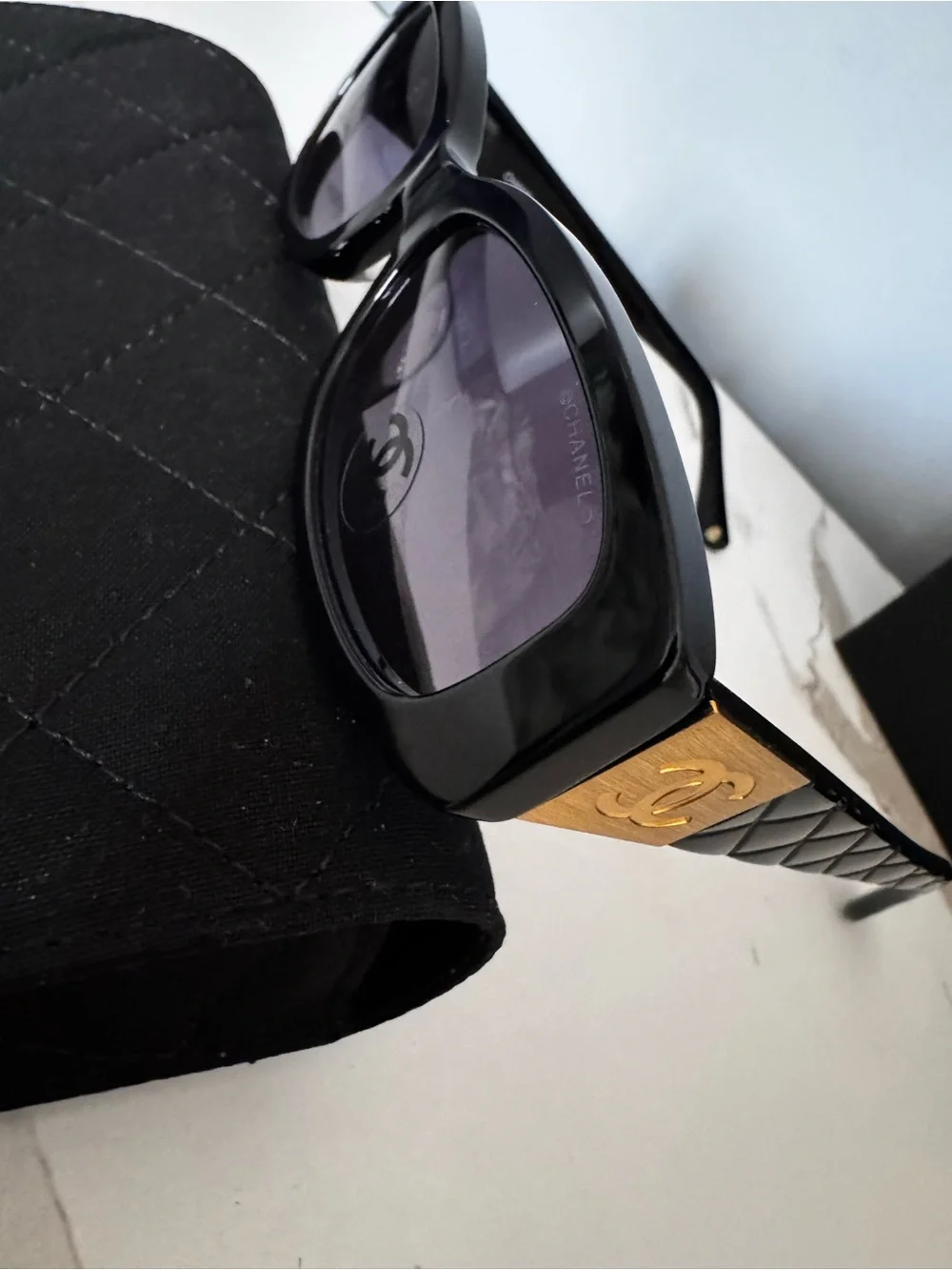 Chanel gold logo Black Rectangular Sunglasses - Classic Women Accessories